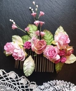 Pink Rose, Pink Gypsophila, Green Leaves Hair Comb, Wedding Hair, Hair Accessory